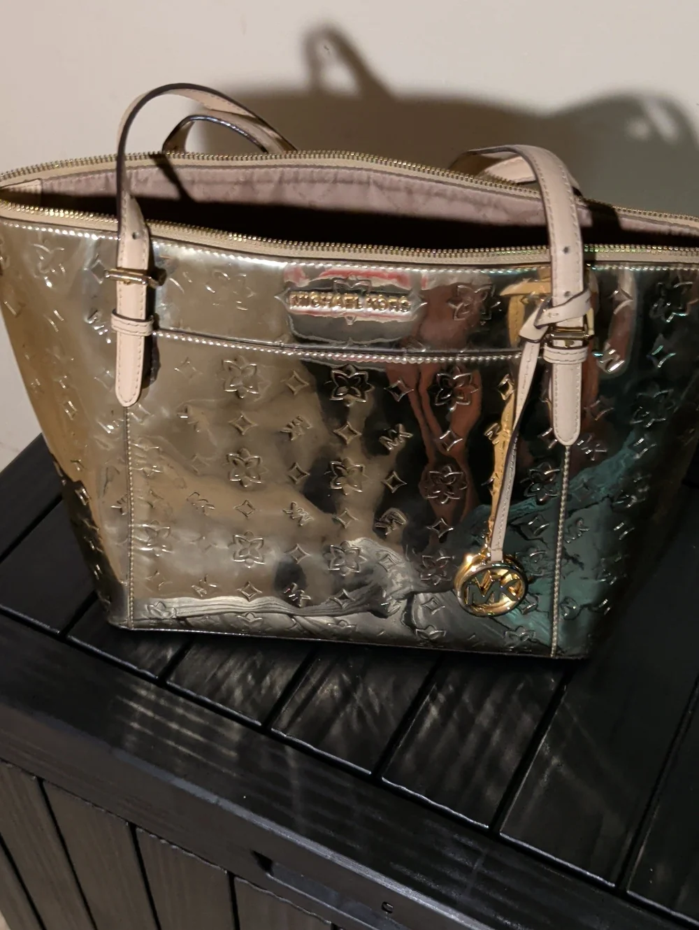 Michael Kors Metallic Gold Tote with Beige Trim